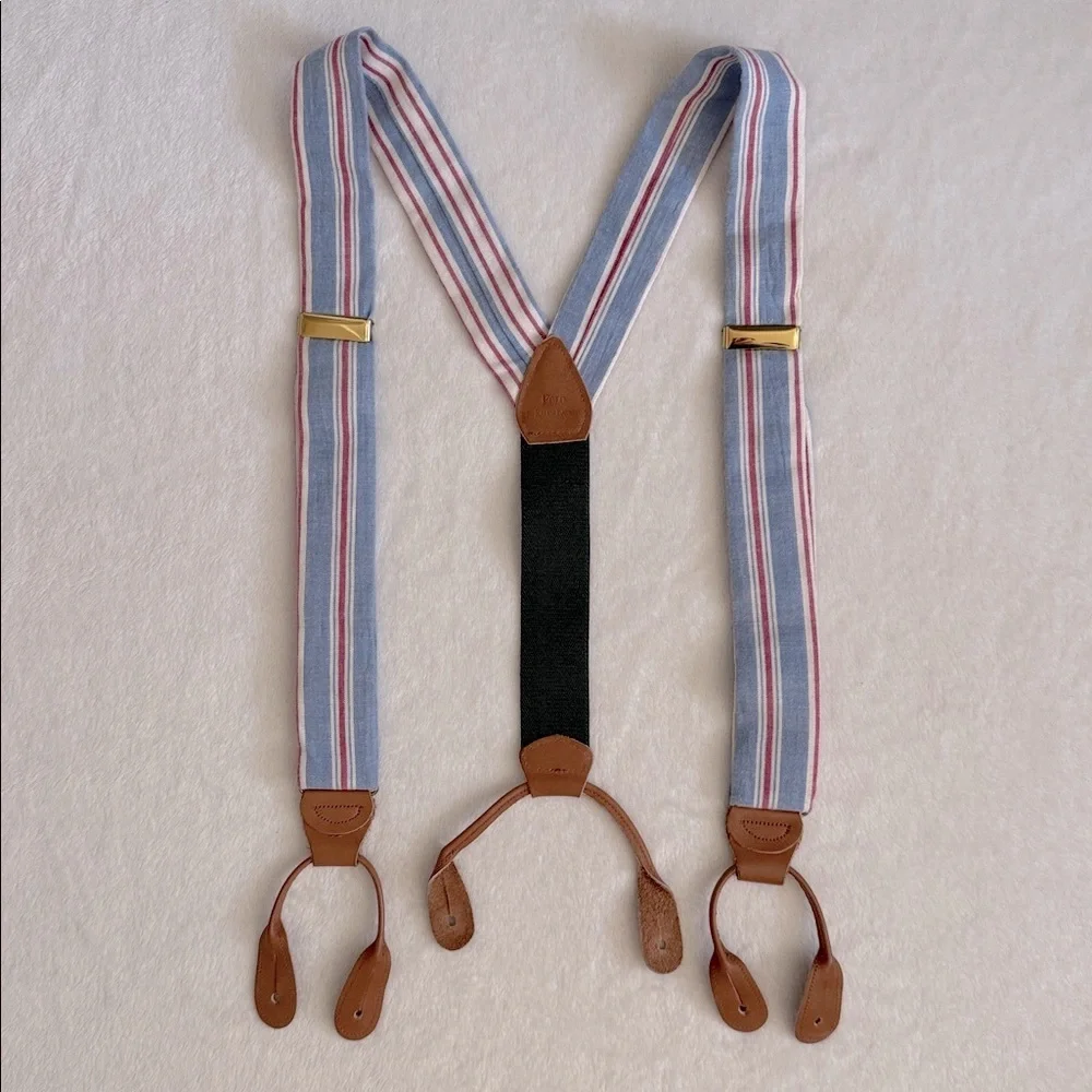 {VTG} Polo Ralph Lauren | 80s 90s Chambray Striped Braces Suspenders Made in USA - Picture 16 of 16